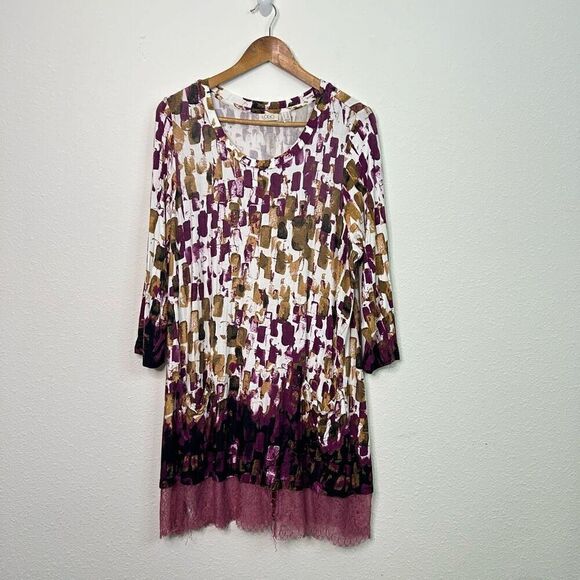 LOGO By Lori Goldstein Multicolor Lace Trim Tunic Rayon Purple Blouse Womens 1X - Picture 1 of 16